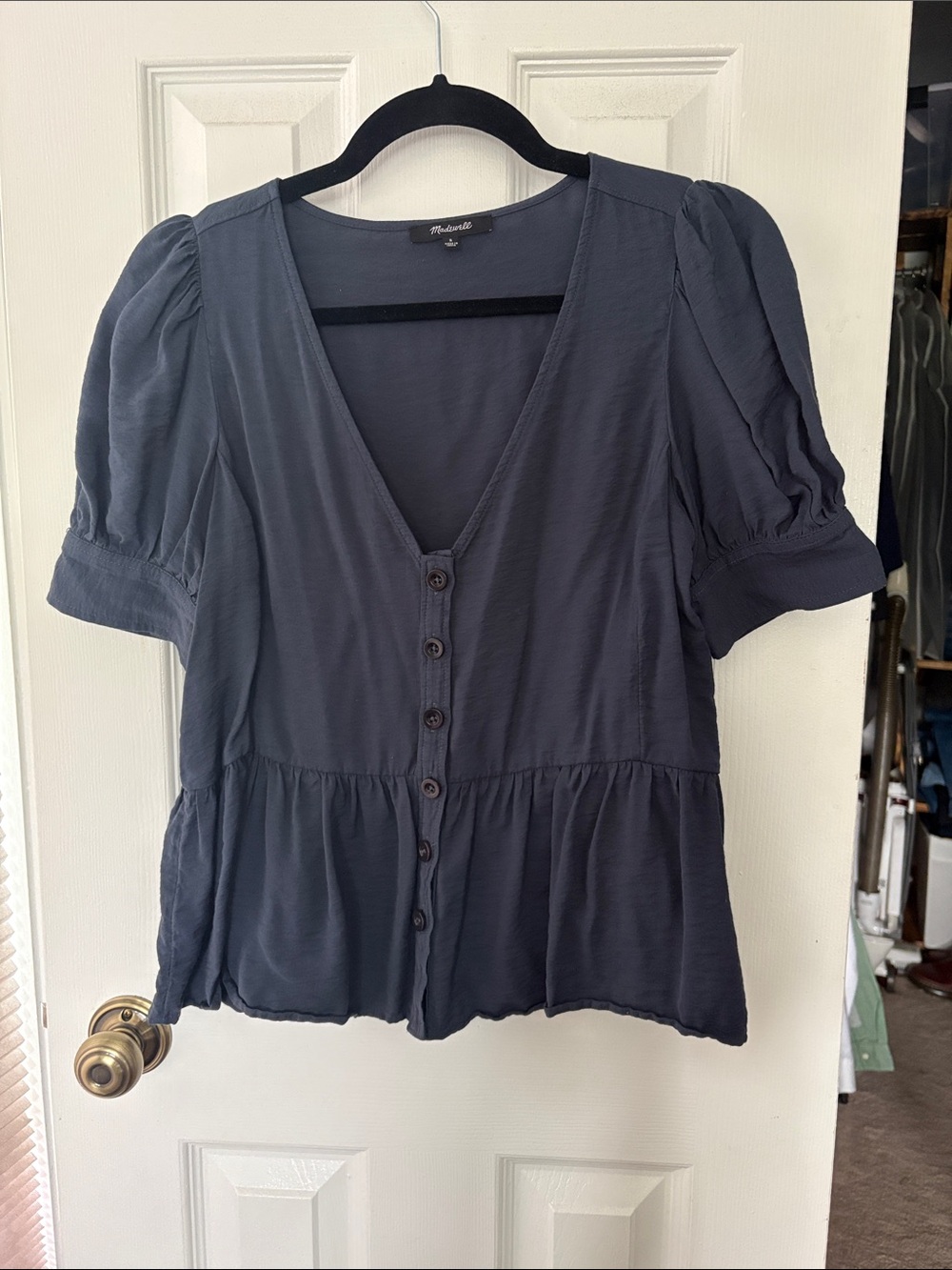 Madewell Slate Blue V-Neck Button Peplum Blouse